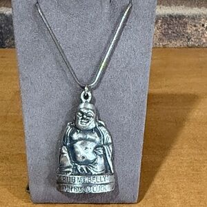 Vintage Buddha “Rub My Belly For Good Luck” silver tone pendant and necklace